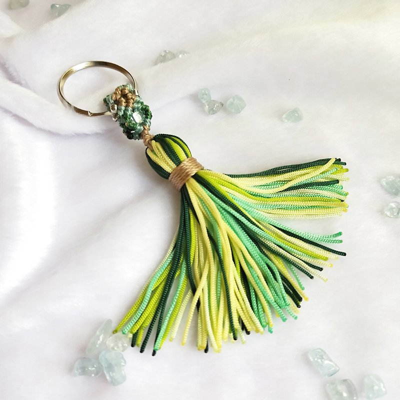 C011-Hand-woven beaded key ring green grass small tassel - Keychains - Nylon Green