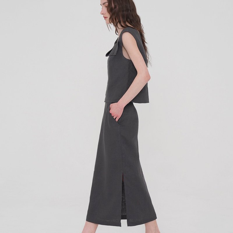 Korea sisterhood, Linen Blouse Skirt Set-up - Darkgray - 吊帶褲/連身褲 - 棉．麻 黑色