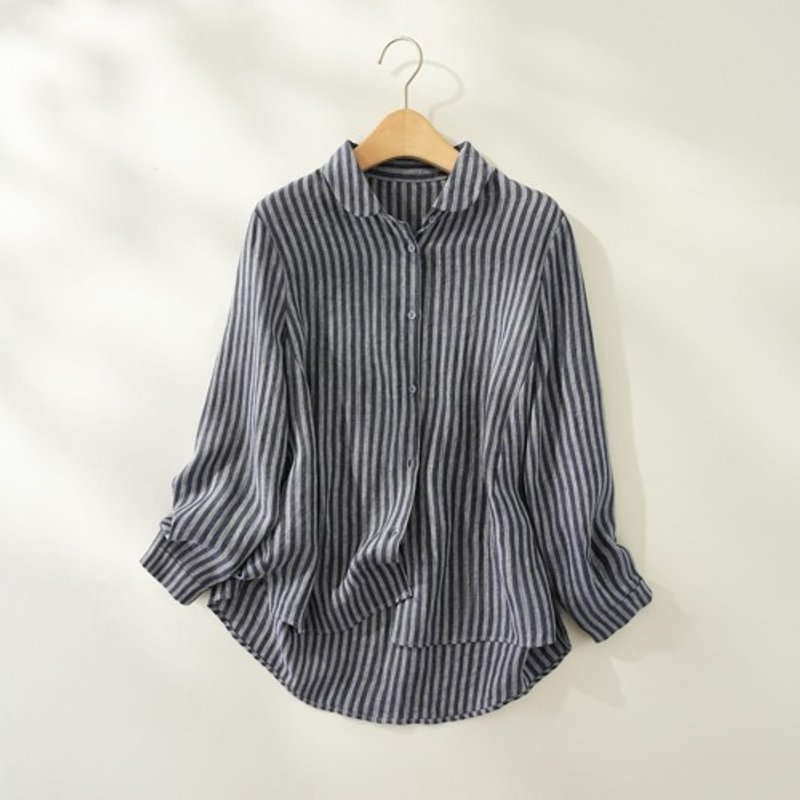 Striped Linen blouse that can be worn all year round, navy blue and gray 240924-3 - เสื้อผู้หญิง - ผ้าฝ้าย/ผ้าลินิน 