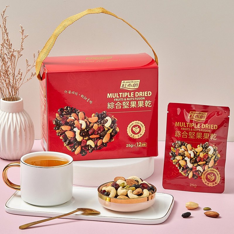 [Red Brown] Comprehensive nuts and dried fruits ready-made gift box (25gX12 bags) Mid-Autumn Festival gift box - Nuts - Fresh Ingredients Red