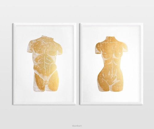 daashart Set of 2 prints Gold man and woman body art Original artwork linocut print