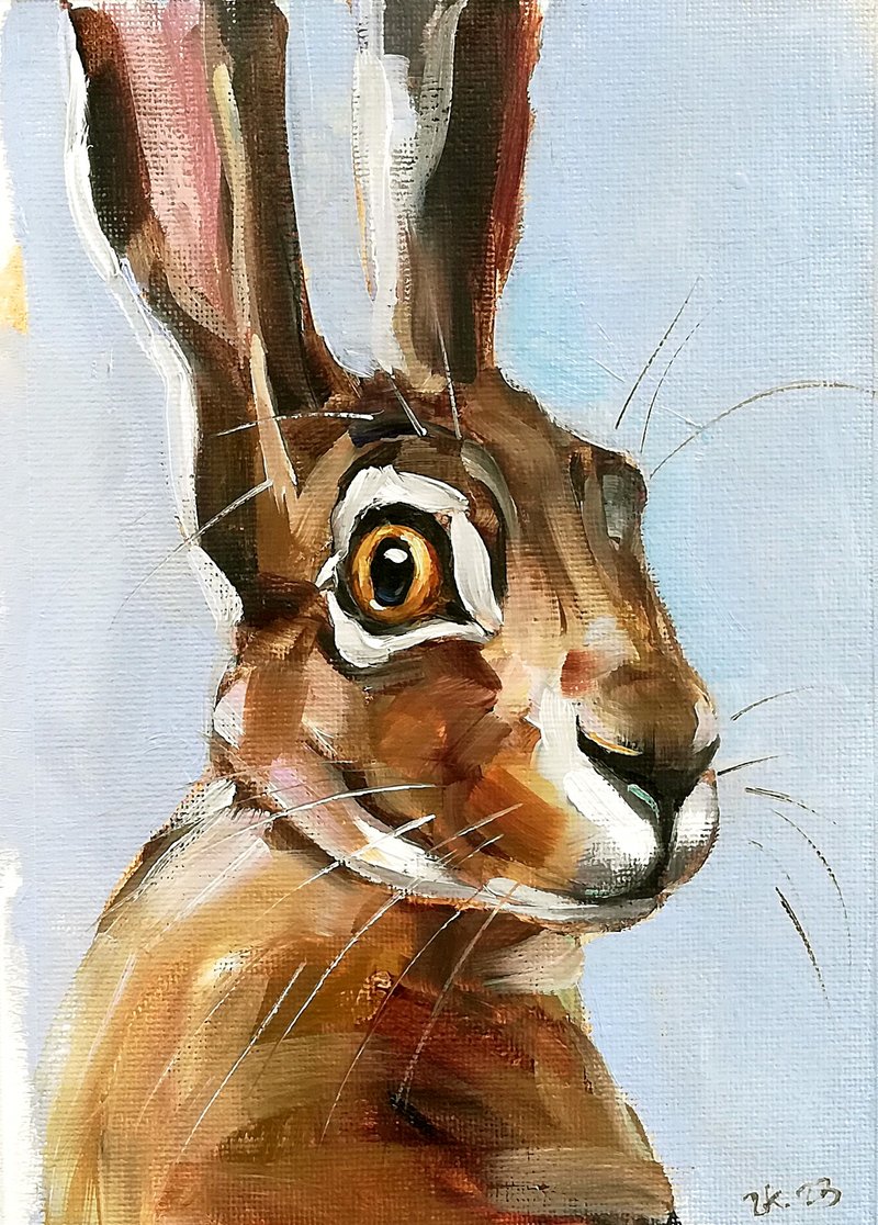 Rabbit Oil Painting Original Wildlife Animals Hare Bunny Art MADE TO ORDER - 海報/掛畫/掛布 - 其他材質 多色