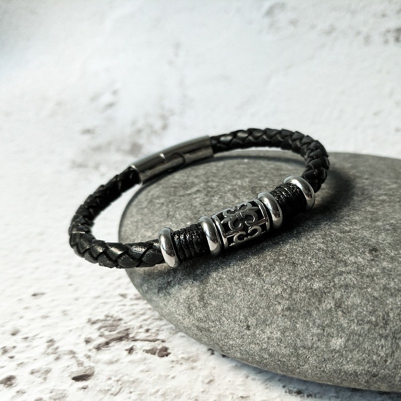Cross Lily Stainless Steel 6mm Leather Woven Single Loop Leather Bracelet - Bracelets - Genuine Leather Black