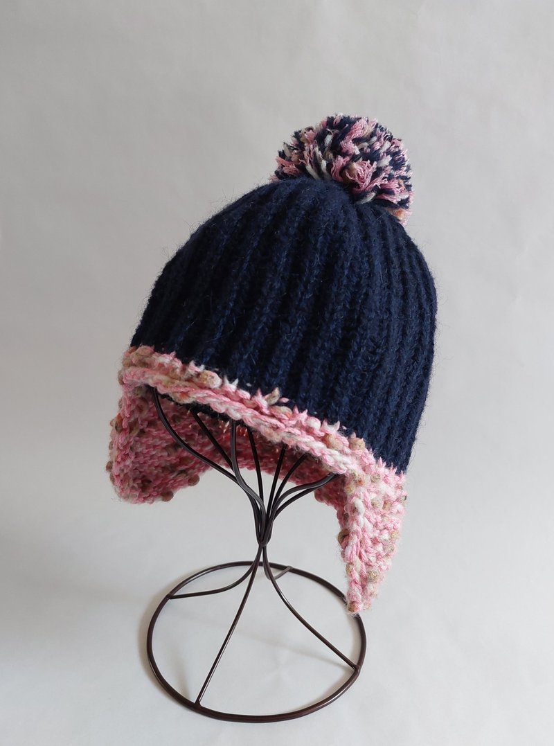 Dark blue + pink hand knitted ear hat/ woolen hat - Hats & Caps - Wool 