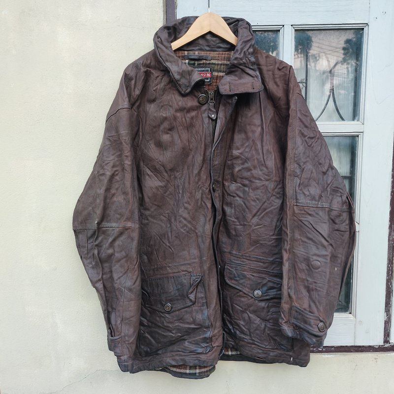 เสื้อแจ็คเก็ทหนังวินเทจ Chevignon Calfskin Leather Plaid Tartan lined Jacket - อื่นๆ - หนังแท้ สีนำ้ตาล