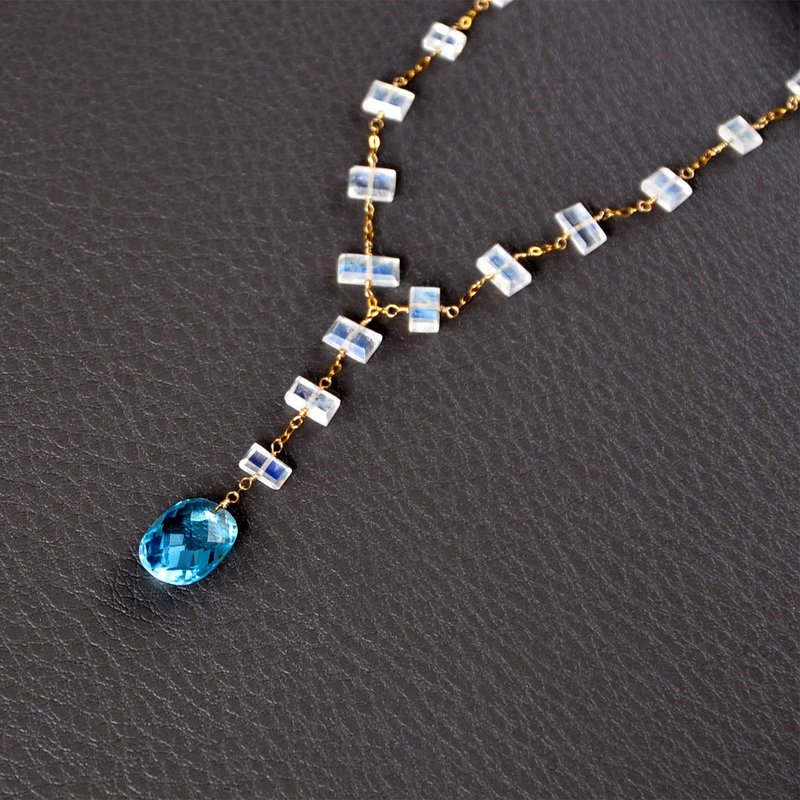 14kgf/Large Swiss Blue Topaz Rectangle Shape x Rainbow Moonstone Necklace - Necklaces - Gemstone Blue