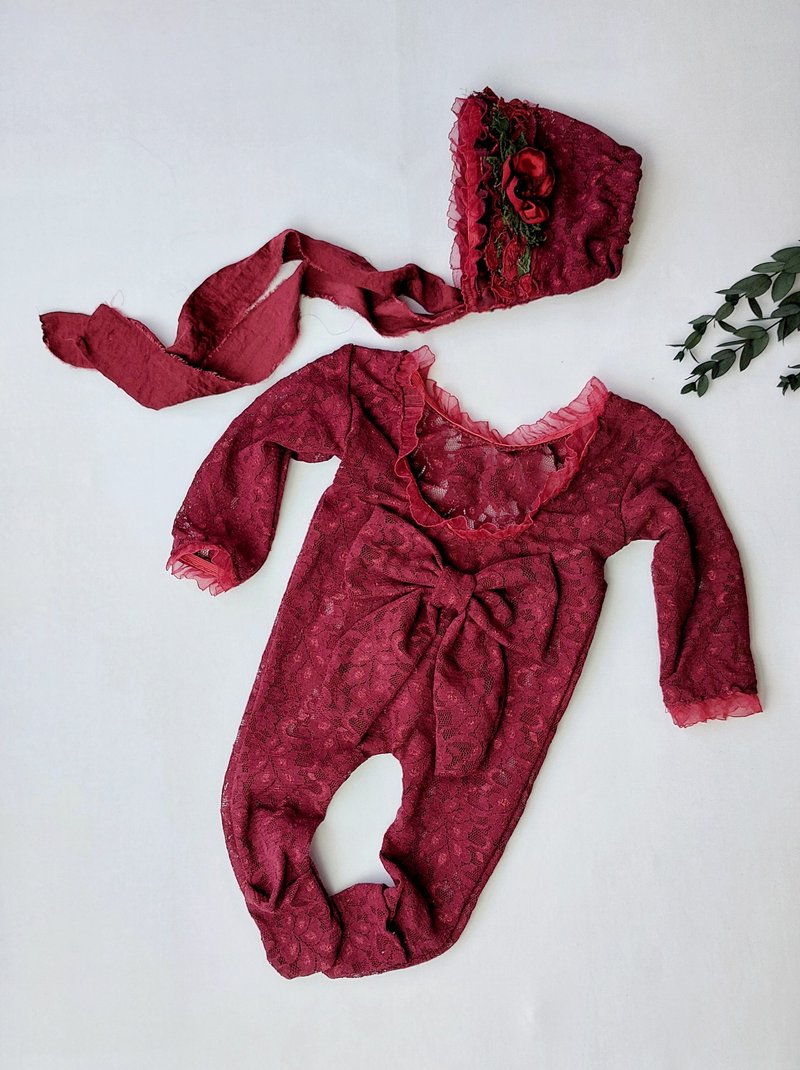 Newborn Photo Session Set -Onesie, Bonnet, Headband in burgundy color - 嬰兒手鍊/飾品 - 其他材質 紅色