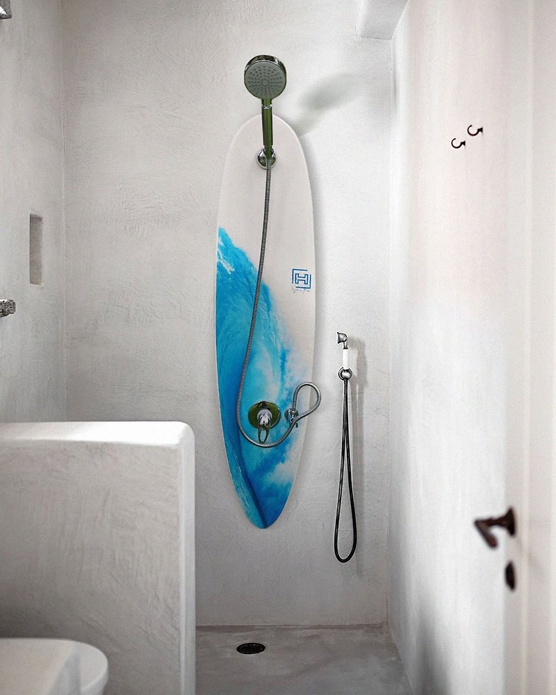 Surfboard shower panel, Surf shower panel, Tropical, Waves, Beach Decor - อุปกรณ์ห้องน้ำ - ไม้ สีน้ำเงิน