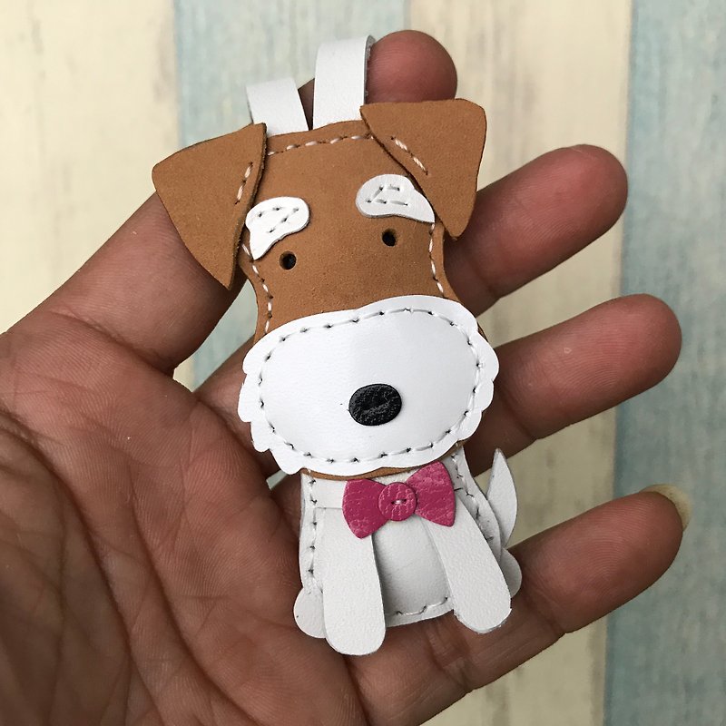 Healing small things coffee / white puppy hand-sewn leather charm small size - พวงกุญแจ - หนังแท้ สีนำ้ตาล