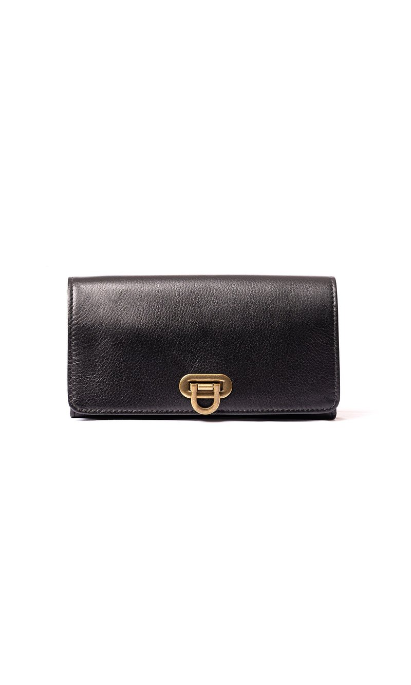 OLIVIA black cowhide metal buckle long clip wallet - กระเป๋าสตางค์ - หนังแท้ สีดำ