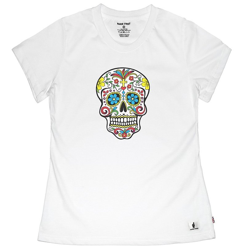 British Fashion Brand -Baker Street- Día de Muertos Print Me T-shirt - เสื้อยืดผู้หญิง - ผ้าฝ้าย/ผ้าลินิน ขาว