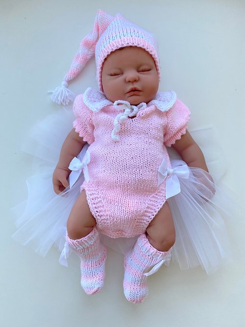 V.I.Angel Hand knit elf outfit for girl: pink and white romper with skirt, hat, socks