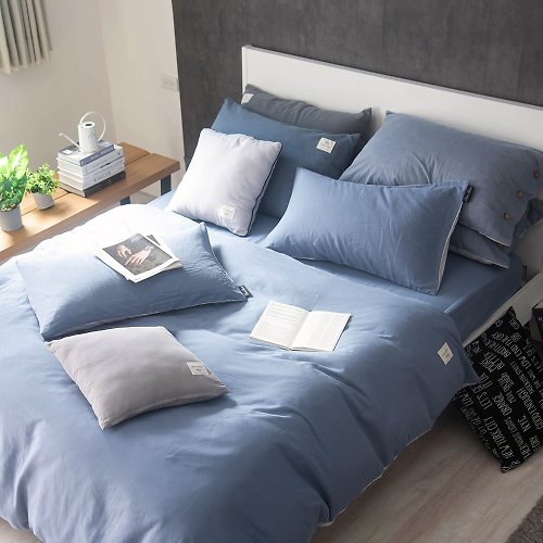 OLIVIA 原創設計寢具 【OLIVIA 】荒原藍X幻影灰 雙層紗 床包枕套/床包被套四件組