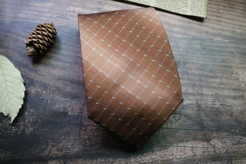 琥珀色小格紋真絲領帶英倫紳士necktie - 領帶/呔夾 - 絲．絹 卡其色