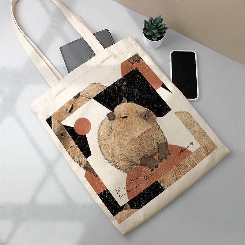 Cotton Sail Bag_Capybara Style - กระเป๋าถือ - ผ้าฝ้าย/ผ้าลินิน สีกากี