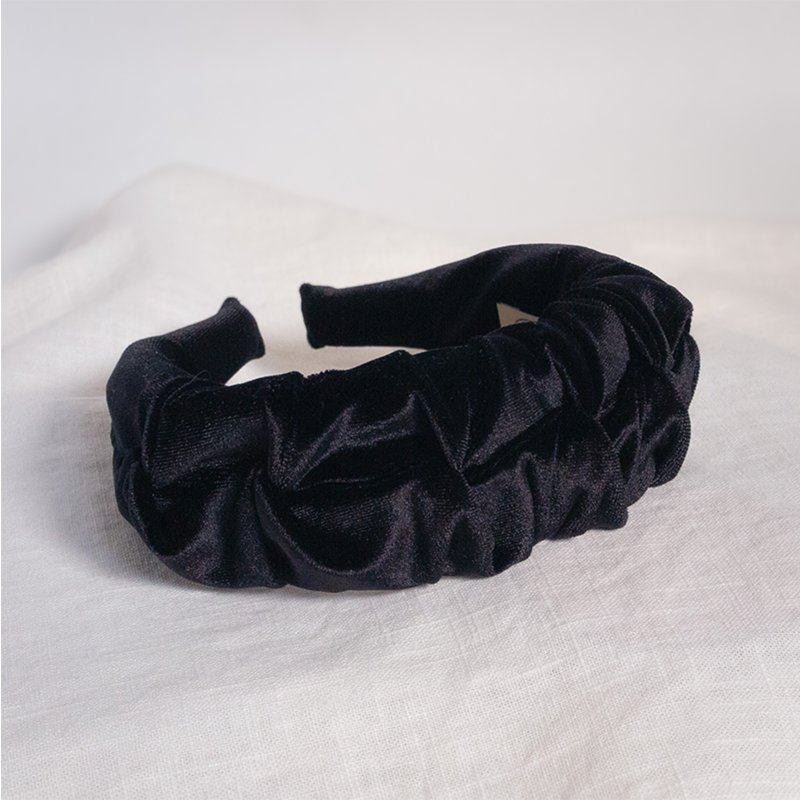 black velvet shirring hairband handmade headband - Headbands - Cotton & Hemp Black