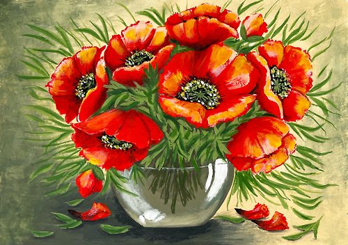 vernissage-VG-galery Poppy bouquet in sunlight. Painting Gouache.