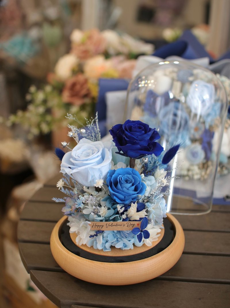 Anniversary/Valentine's Day/Birthday/Girlfriend Gift-Blue Rose Glass Vase Flower Ornament/Permanent Flower - ช่อดอกไม้แห้ง - แก้ว สีน้ำเงิน