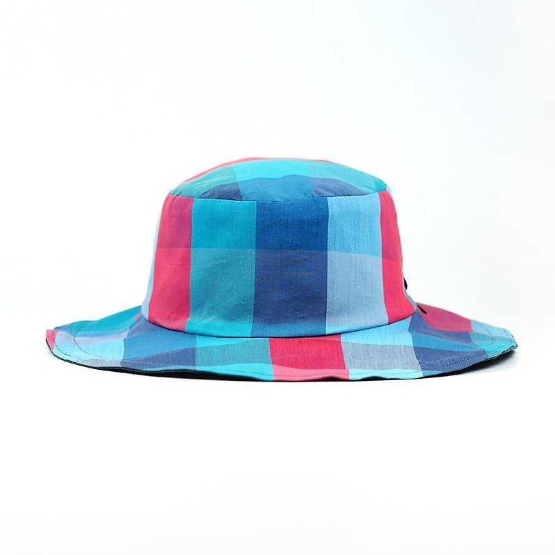 Maverick Village Calf Village Men's and Women's Handmade Double-sided Hat Customized Gentleman's Hat Neutral Wild Colors Day Checks (Unlimited) Blue / Peach [H-390] - หมวก - ผ้าฝ้าย/ผ้าลินิน สีน้ำเงิน
