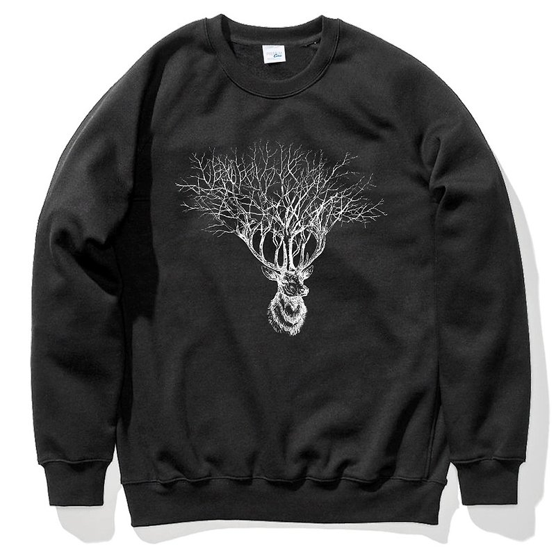 Deer Tree【現貨】大學T 刷毛 黑色 鹿樹麋鹿設計文青自創品牌動物 - T 恤 - 棉．麻 黑色