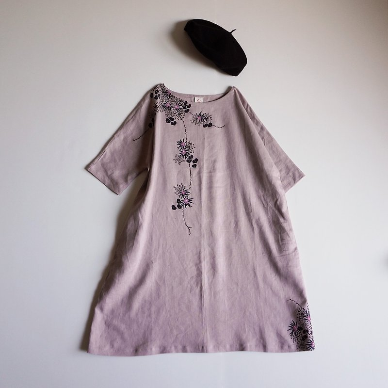 Linen dress dull pink underwater plants - One Piece Dresses - Cotton & Hemp Pink