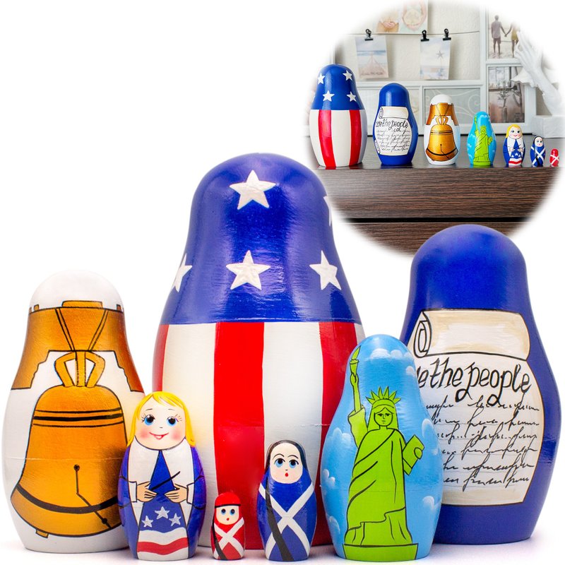 Independence Day Nesting Dolls 7 pcs - Symbols of Independence Russian Dolls - ของเล่นเด็ก - ไม้ หลากหลายสี