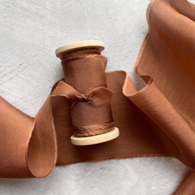 Cinnamon Silk Ribbon / Hand Dyed Silk ribbon on Wood Spool - 包裝材料/包裝紙 - 絲．絹 橘色