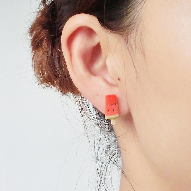MoonMade Original Handmade Ear Pin Earrings Mini Watermelon Popsicle Simulation Food Accessories Food Play Ear Earrings Earrings Ear clip Clip Earrings Cool Summer S925 Sterling Silver Snow Earrings Creative Birthday Gift - ต่างหู - ดินเหนียว สีแดง