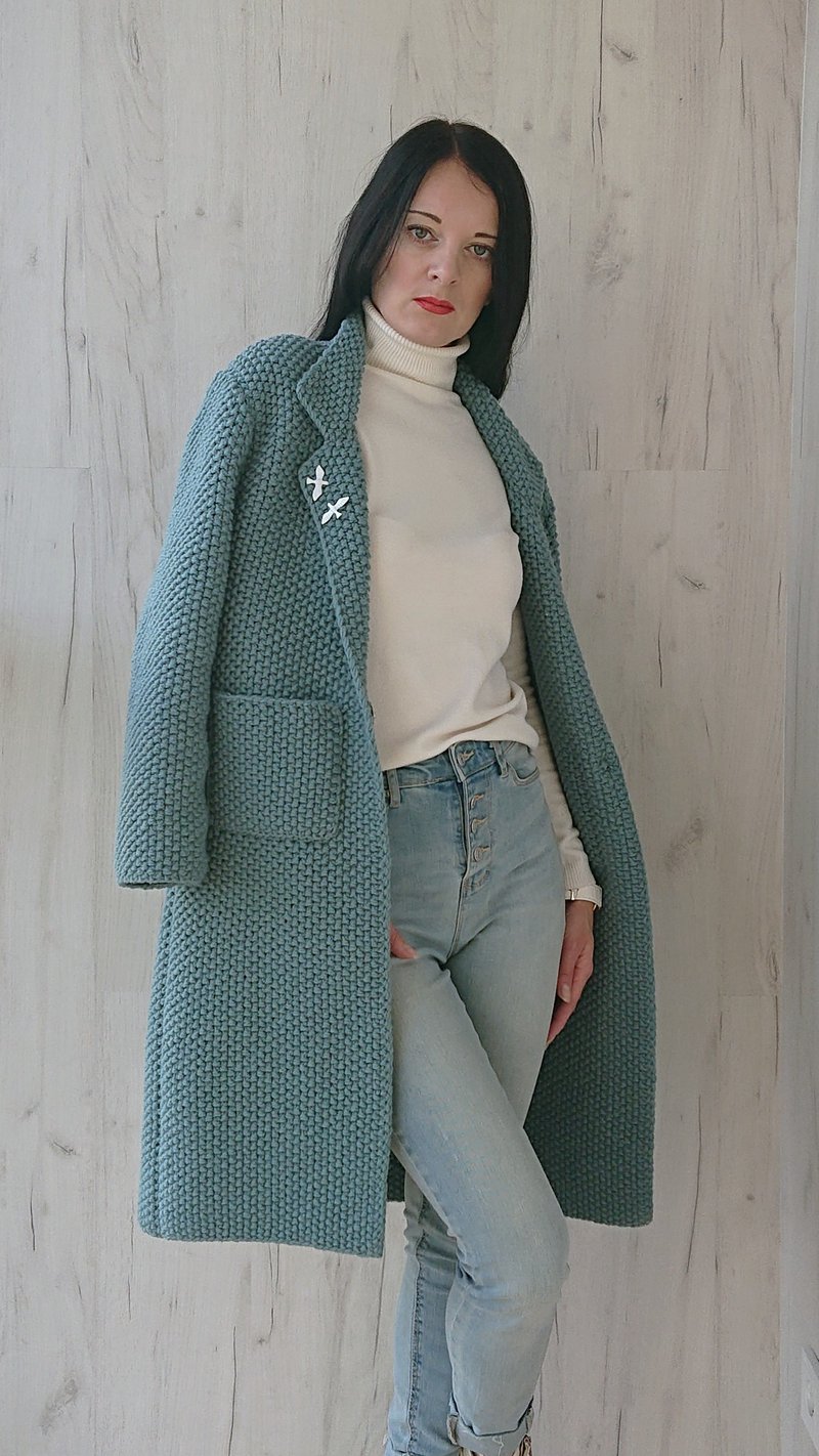 Hand knit cardigan Wool sweater coat Collar coat - 女西裝外套 - 羊毛 