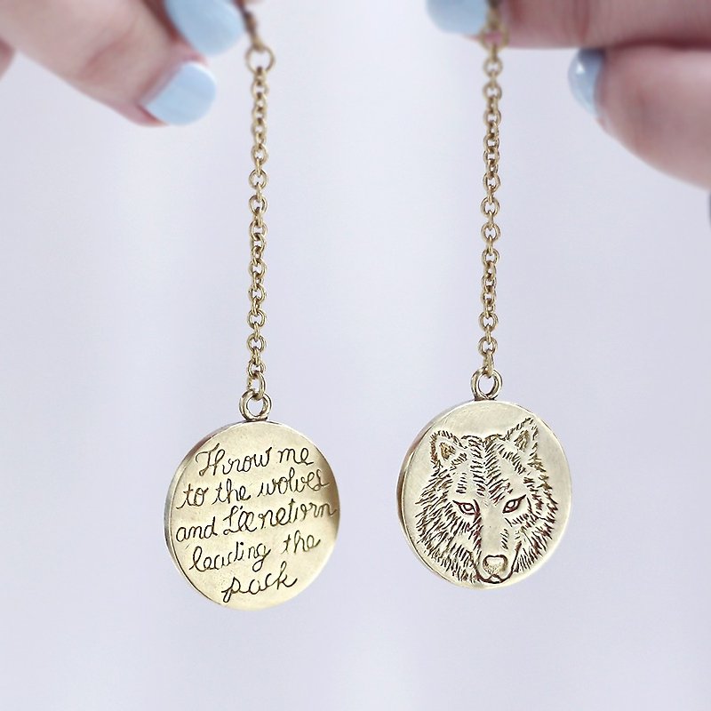 Two sided wolf Earrings, Wolf Earrings, Quote Earrings, Hand engraved wolf signet Earrings, Wolf Jewelry, Dangle Wolf Earrings, Dangle & Drop Earrings - Earrings & Clip-ons - Other Metals Gold