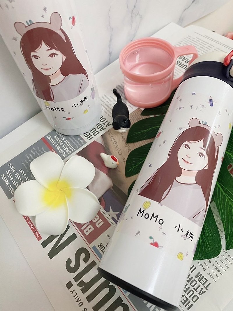 See your best self [Korean wave style] Q version drawing commemorative gift customized thermos - Vacuum Flasks - Stainless Steel White