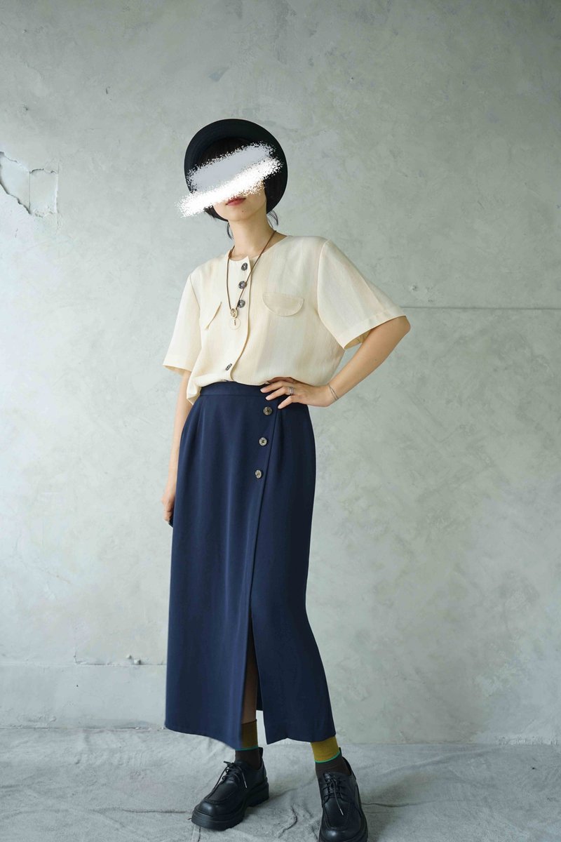 Treasure Hunt Vintage - Elegant dark blue draped single-slit design long skirt - Skirts - Polyester Blue