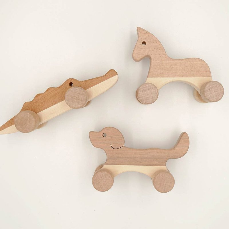 【Oak Village】Log Toy Car-Horse/Dog/Crocodile - Kids' Toys - Wood Khaki