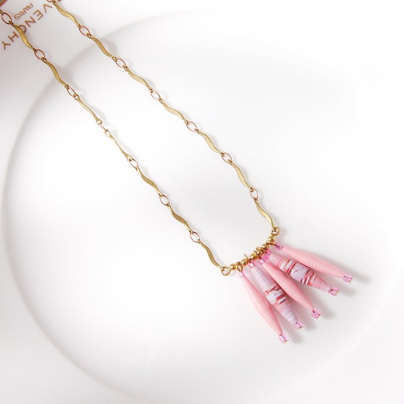 [small paper hand made / paper art / jewelry] pink spindle brass short chain - Necklaces - Copper & Brass Pink