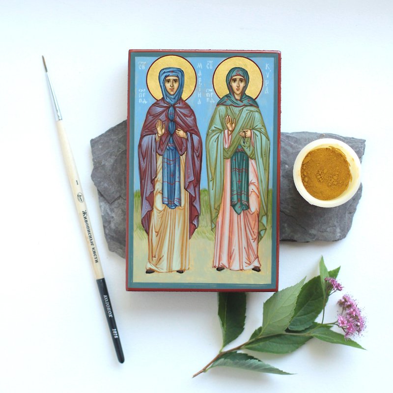 hand painted  wood orthodox icon holy Saint Kira and Maria miniature painting - อื่นๆ - ไม้ สีแดง