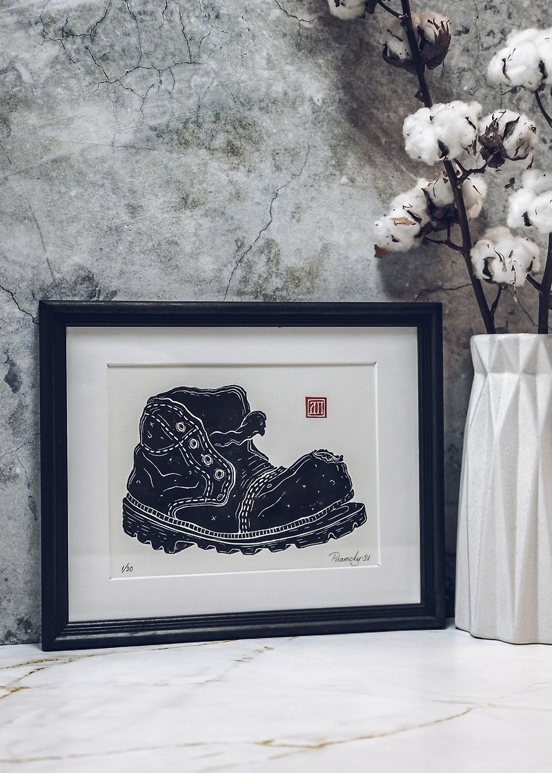 Original artwork - Old Boot. Hand printed linocut. Limited edition - Wall Décor - Paper Black
