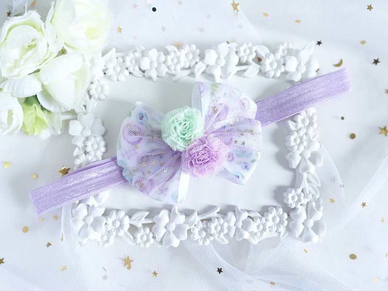 紫色蝴蝶結小紗球 嬰兒寶寶頭帶 髮帶  Baby Headband - 嬰兒帽子/髮帶 - 其他材質 