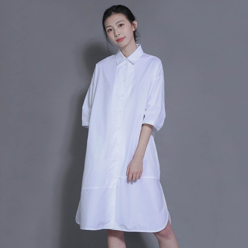 Evolution evolution stitching shirt dress _7SF024_ white stripes - ชุดเดรส - ผ้าฝ้าย/ผ้าลินิน ขาว