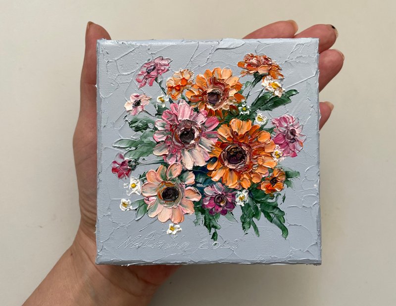 Gerbera daisy flowers original mini oil painting on canvas - unique gift - 壁貼/牆壁裝飾 - 棉．麻 橘色