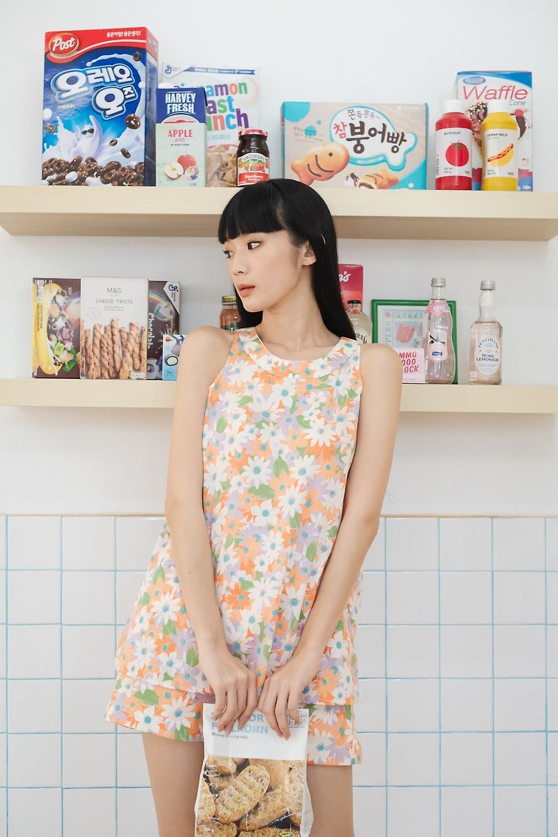 BIRUCHU ROSIE SET : Floral Print Top + Shorts - เสื้อผู้หญิง - ผ้าฝ้าย/ผ้าลินิน สีส้ม