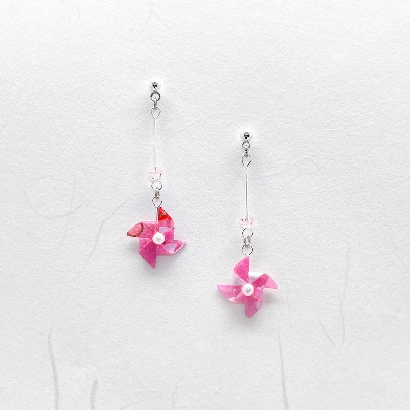Chearrings | Origami 日本和紙 手工摺紙 風車耳環 | 款式W002 - 耳環/耳夾/耳骨夾 - 紙 粉紅色