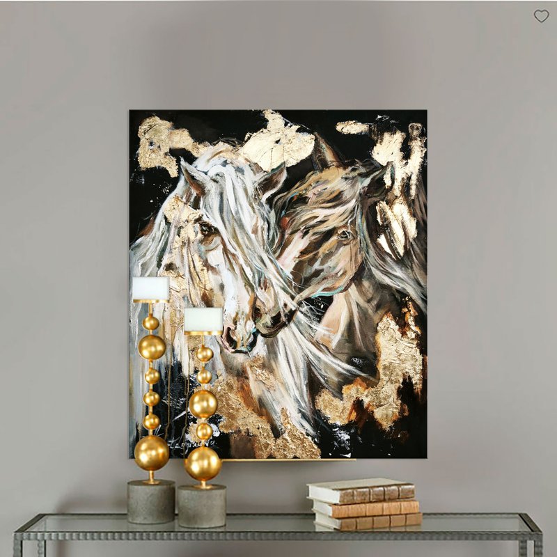 雙馬。畫布金箔油畫原作。 - 壁貼/牆壁裝飾 - 其他材質 
