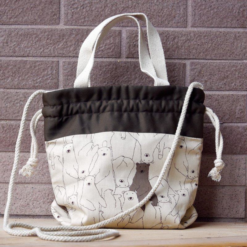 三合一肩背/斜背/手提束口水桶包 ~ 北極熊(A61) - 側背包/斜背包 - 棉．麻 咖啡色