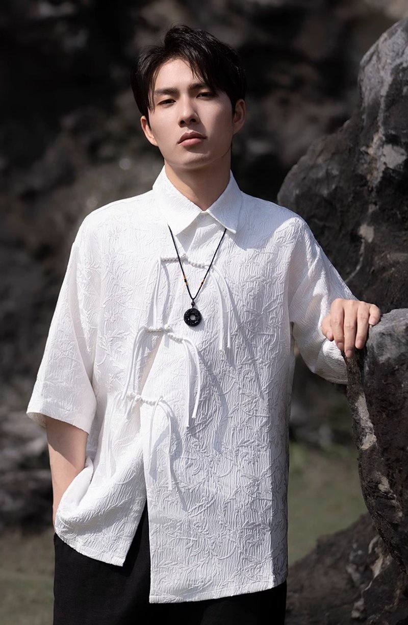 New Chinese retro buttoned short sleeve shirt - Men's Shirts - Other Materials White