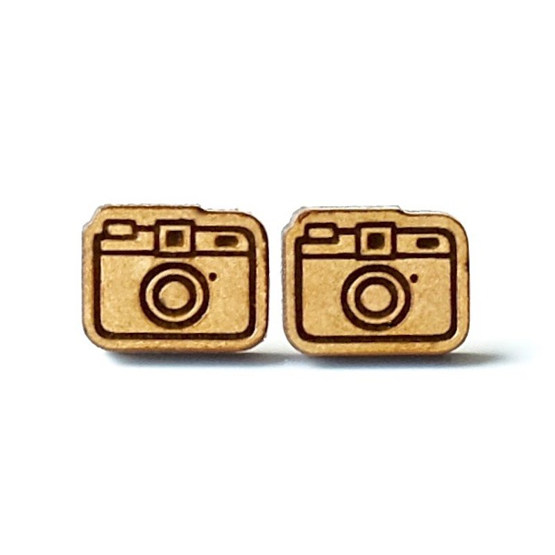 木製ピアス-カメラ - ピアス・イヤリング - 木製 ブラウン