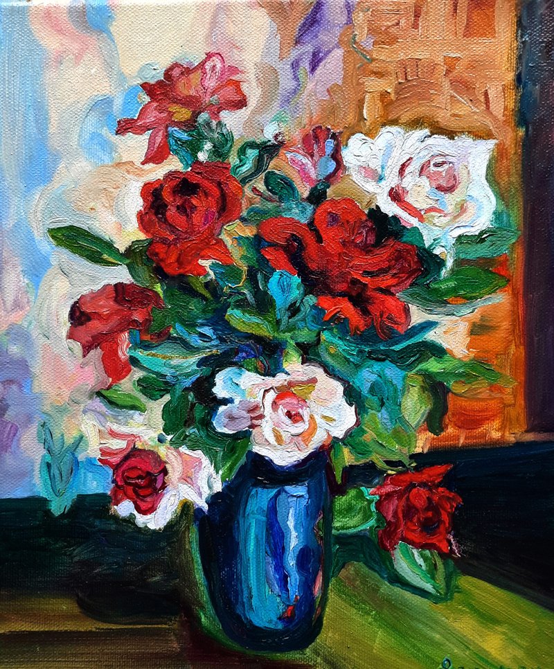 Roses Art Original Paiting Wall Decor Oil Painting Oil On Canvas - ตกแต่งผนัง - วัสดุอื่นๆ สีแดง