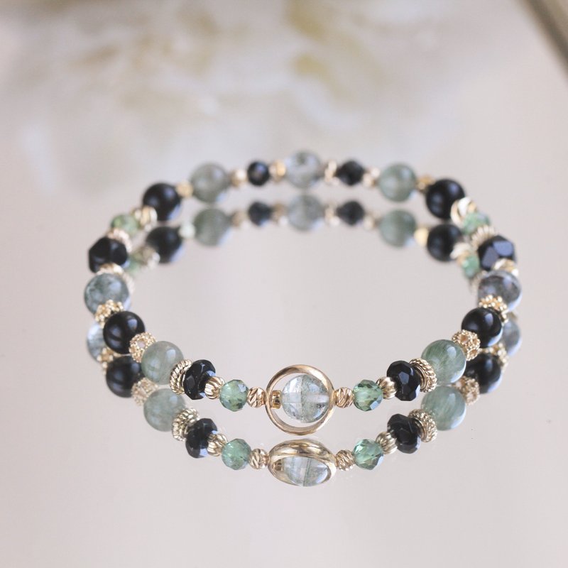 グリーンファントム オブシディアン グリーンルチルクォーツ。仕事運 金運アップ 魔除け お守り クリスタルブレスレット ギフト - ブレスレット - クリスタル グリーン