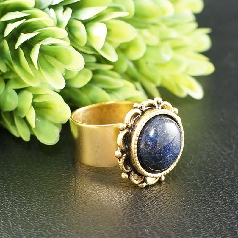 Lapis Lazuli Adjustable Ring Ultramarine Blue Lazurite Round Golden Ring Jewelry - แหวนทั่วไป - เครื่องประดับพลอย สีน้ำเงิน