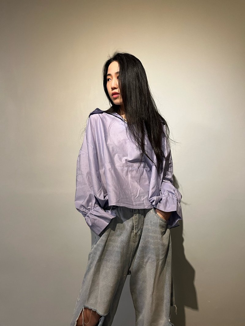 V- shape ruffle collar long sleeves top - 女上衣/長袖上衣 - 聚酯纖維 紫色