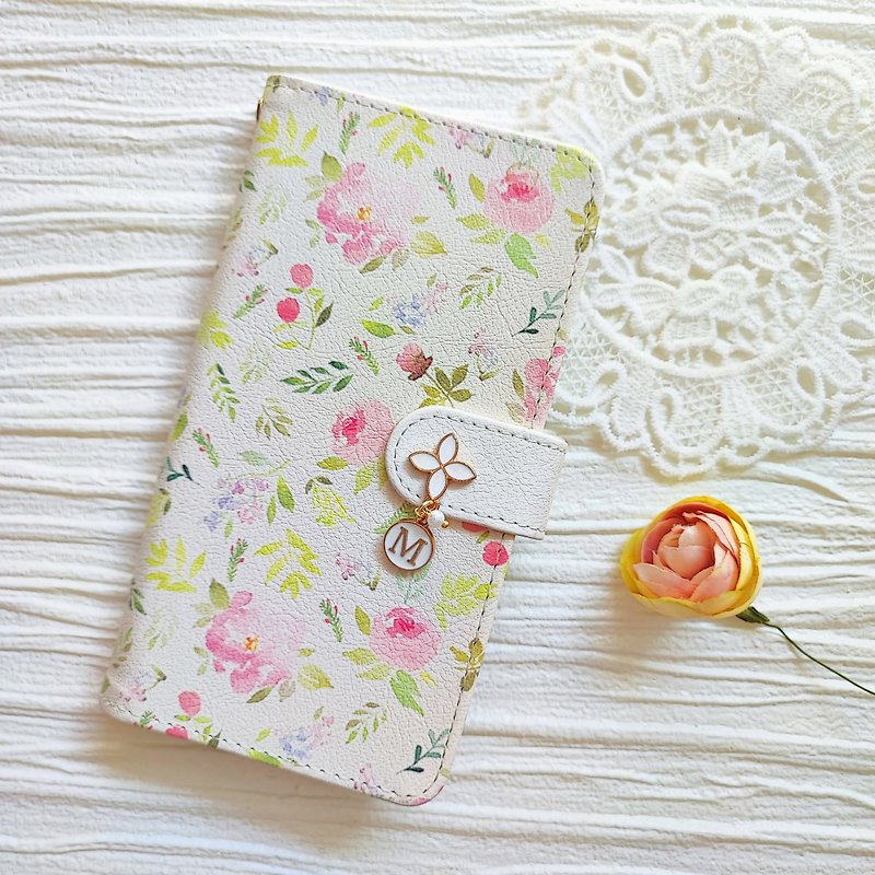 Flower lover Pattern Smartphone Case Selectable Initial Notebook Type Case iPhone 12 iPhone XR iPhone 11 Xperia Galaxy Android - เคส/ซองมือถือ - หนังเทียม หลากหลายสี